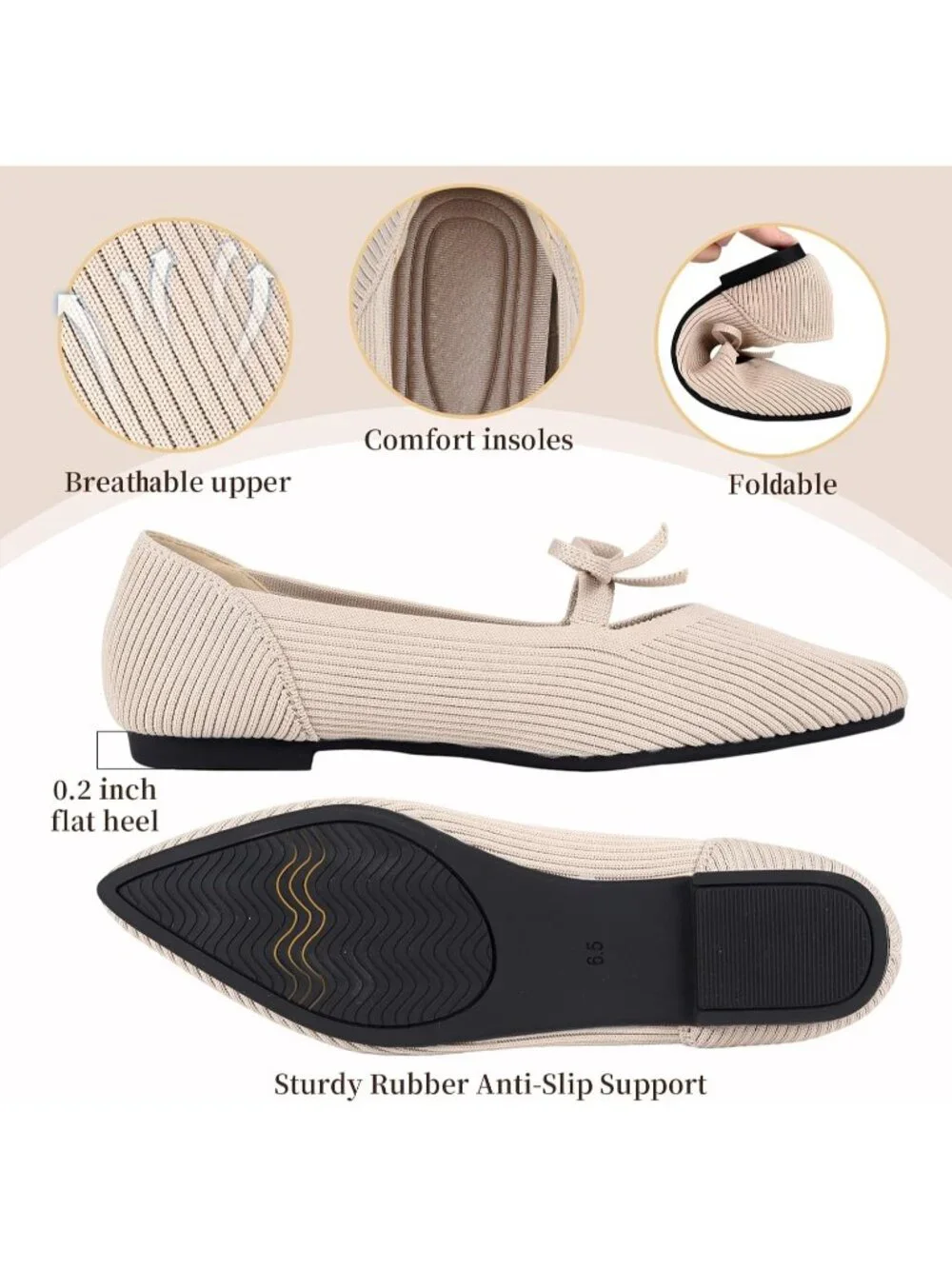 Women's Beige Pointed Toe Flats Comfortable Knit Ballet Shoes Washable Dressy